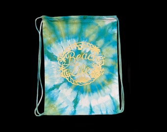 Tie-Dye Cinch Backpack Pack Boho Hippie Ice-Dyed Beach Life Spiral Blue Green White Hand Dyed Bag Purse