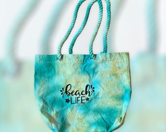 Tie-Dye Ice-Dye Small Beach Bag Boho Purse Hand Dyed Ocean Green “Beach Life” Canvas