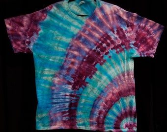 Tie-Dye Unisex T Shirt Size XL Teal Purple Lavender Hand Dyed Bottom Corner Spiral T-Shirt