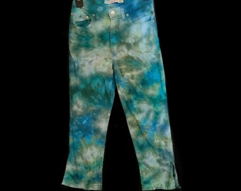 Tie-Dye Jeans Size Youth XL (14/16)) Blue Green Ice Dye Hand Dyed Vitamina Brand Splatter Marble