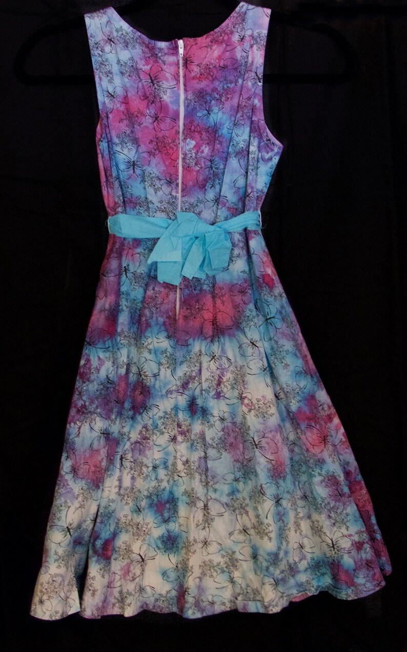 Tie-Dye Hand Ice-Dyed Butterfly Dress Girls Size 10 with Blue Sash Blue Pink Purple