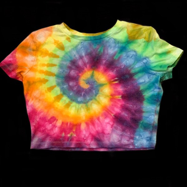 Tie-Dye Junior Crop T Shirt Size Large Rainbow Spiral Bright Ice Dye