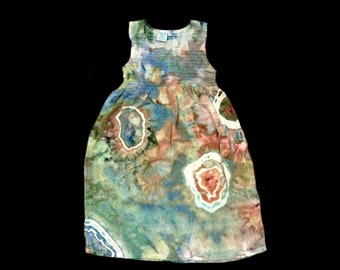 Tie-Dye Hand Ice-Dyed Dress Youth Size 6 tank Top Dress Green Blue Tan Geode Rayon