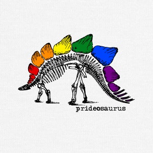 Gay LGBTQ+ Pride T-Shirt, Prideosaurus, Gay Pride Flag Colored Spikes Along Dinosaur&#39;s Back