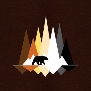 Bear Pride T-Shirt, Gay Prde, Mountain Range in Bear Pride Flag Colors with Silhouette of Bear in Foreground
