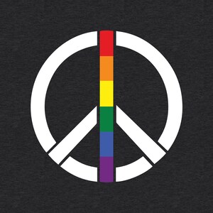 Gay LGBTQ+ Pride T-Shirt: White Peace Sign with Rainbow Gay Pride Flag Colors