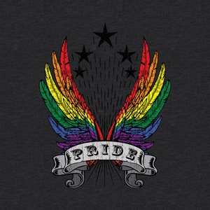 Gay LGBTQ+ Pride T-Shirt: Biker-Style Wings with Rainbow Gay Pride Flag Colors and Pride Banner, Distressed, Cool, Edgy