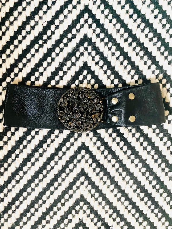 Vintage Handmade Black Leather Belt with Bronze Bird Buckle Buy Vintage Handmade Black Leather Belt With Bronze Bird  main image 3