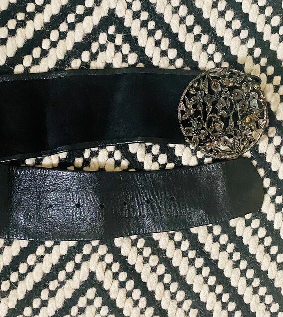 Buy Vintage Handmade Black Leather Belt With Bronze Bird 
