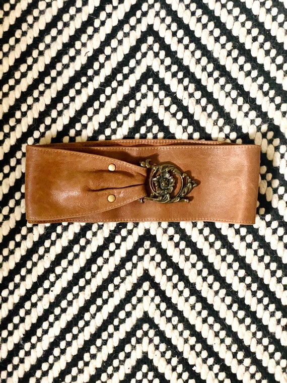 Vintage Handmade Brown Leather Belt with Floral Go