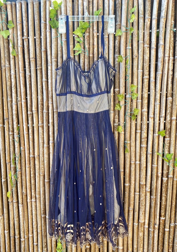 Vintage Blue Floral & Dot A-Line Party Dress - Sm… - image 1
