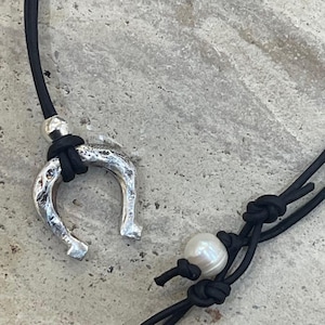 Handmade Organic Sterling Silver Horseshoe Leather Necklace with Sterling Silver Slider Bead
