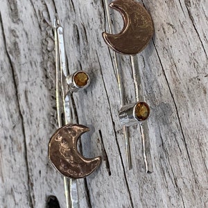 Mixed Metal Sterling Silver Earrings with Bronze Crescent Moons and Tube Set Citrine