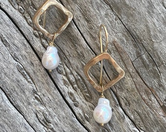 Handmade Yellow Bronze Organic Square Earrings with Baroque Pearl Drop