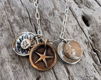 Sterling Silver Paper Clip Chain Necklace with Sterling Silver Sun and Moon Charms with a Bronze Star Charm