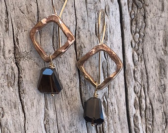 Handmade Bronze Organic Square Earrings with Step Cut Smokey Quartz Drop
