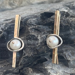 Mixed Metal Square Gold Filled Bar Earrings with Sterling Silver Pod and a Pearl