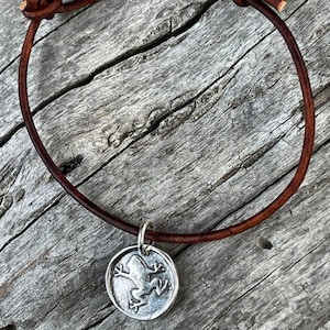 Handmade Sterling Silver Frog Charm Adjustable Leather Bracelet