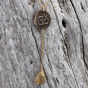 Handmade Gold Fill OM Lariat Delicate Necklace with Citrine Drop image 1