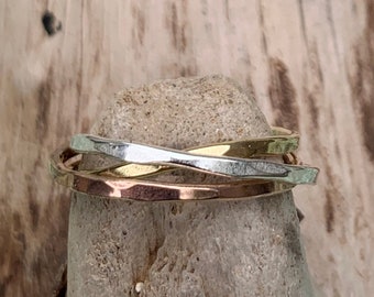 Mixed Metal Hammered and Connected Three Ring Set
