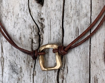 Handmade Organic Bronze Square Leather Choker Necklace