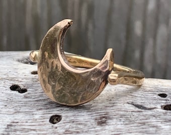 Bronze Hammered Crescent Moon Ring with 14K Gold Fill Band