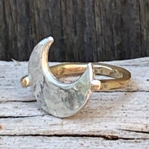 Silver Hammered Moon Ring with 14K Gold Fill Band