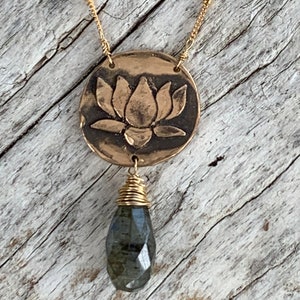 Gold Fill Lotus Necklace with Labradorite Drop