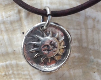 Handmade Sterling Silver Sun Charm Adjustable Leather Bracelet