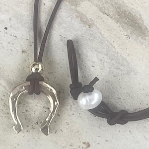 Handmade Organic Bronze Horseshoe Leather Necklace with Gold Filled Slider Bead