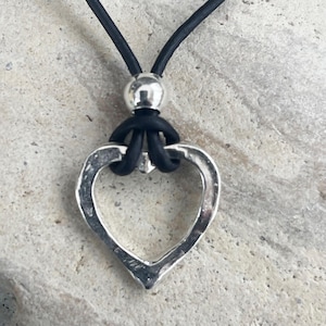 Handmade Sterling Silver Heart Necklace on 1.5 MM Antique Black Leather Cord with Loop and Pearl Closure