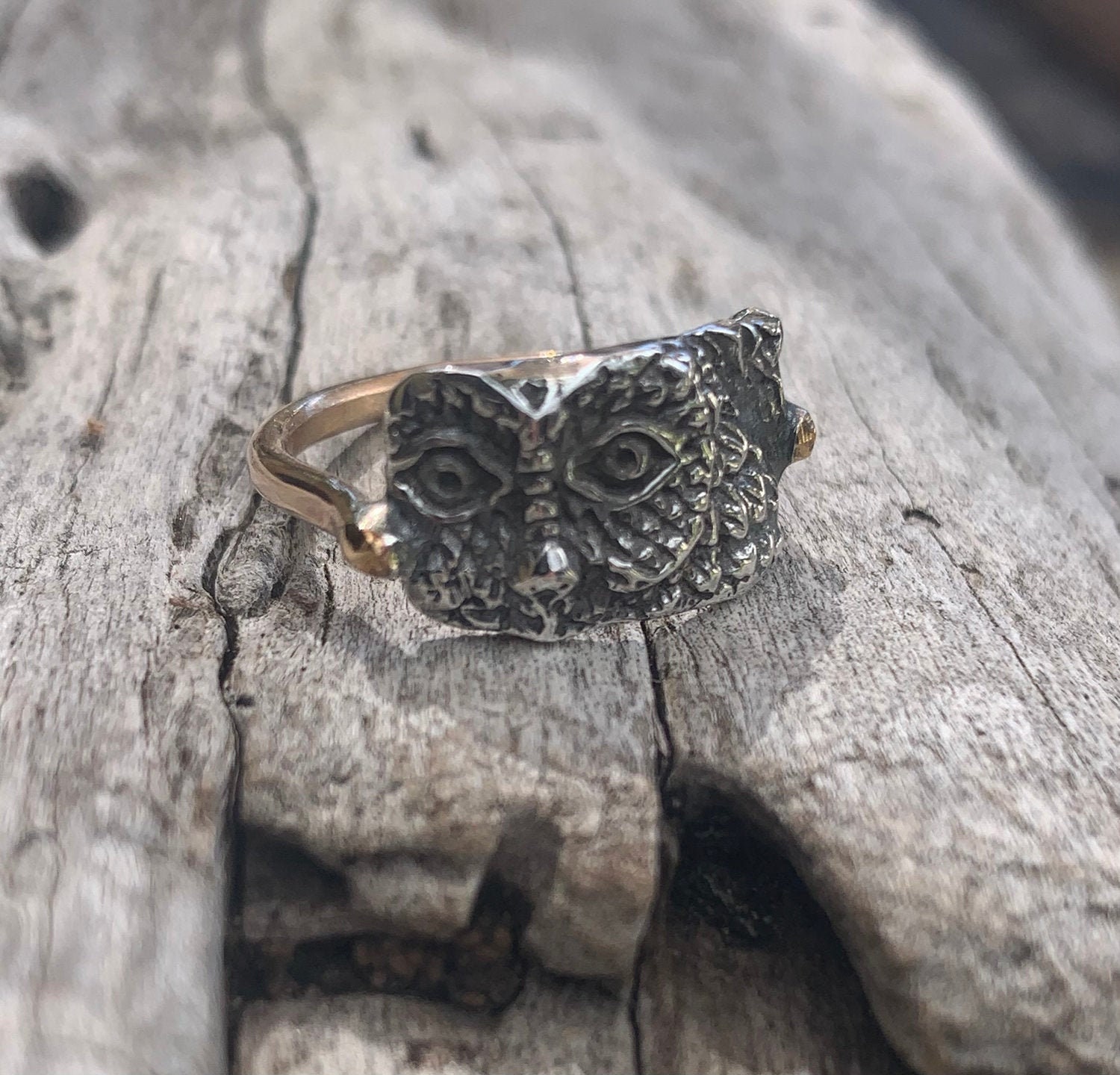 Sterling Silver Cast Owl Ring with 14k Gold Filled Band