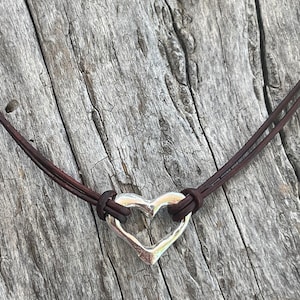 Handmade Sterling Heart Choker on 1 MM Antique Brown Leather Cord with Loop and Pearl Closure