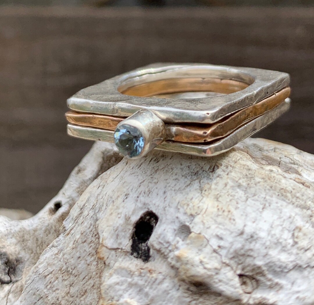 Square Stackable Rings Handmade Mixed Metal Hammered Square Stacking Rings With Tube Set ...
