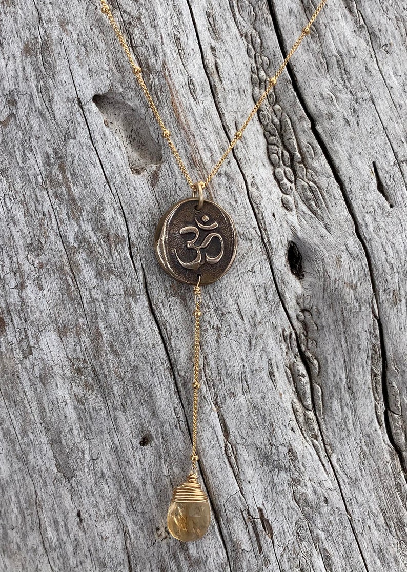 Handmade Gold Fill OM Lariat Delicate Necklace with Citrine Drop image 1