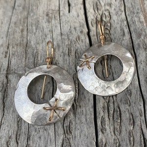 Handmade Hammered Silver Round Earrings with 14K GF Stitching