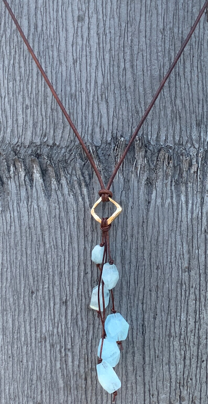 Handmade Organic Bronze Diamond Leather Adjustable Lariat Necklace with Variegated Aquamarine Cluster