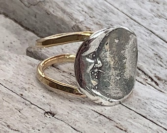 Sterling Silver Crescent Moon Ring with Double 14K Gold Fill Band