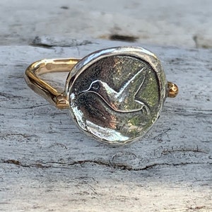 Silver Hummingbird Charm Ring with 14K Gold Fill Band