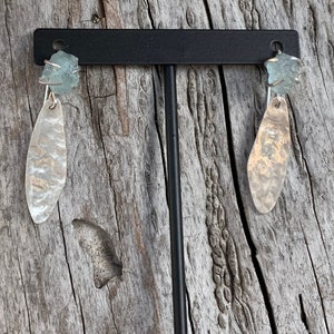 Sterling Silver Feather Earrings with Prong Set Raw Aquamarine