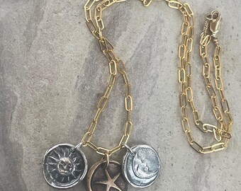 14K Gold Filled Paper Clip Chain Necklace with Sterling Silver Sun and Moon Charms with a Bronze Star Charm