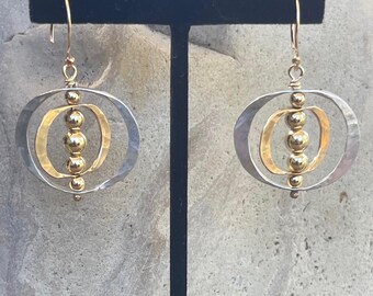 Mixed Metal Sterling Silver and Gold Filled Double Hoop Earrings with Variegated Gold Filled Beads