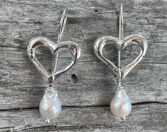 Sterling Silver Heart Earrings with Baroque Pearls