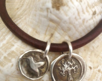 Handmade Sterling Tree of Life & Hummingbird Charms 4MM Leather Bracelet with Magnetic Closure