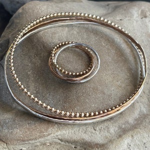 Mixed Metal Trinity Bangles with Hammered Wire and Gold Filled Beaded Wire