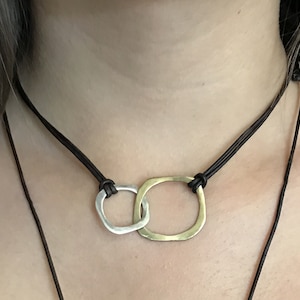 Handmade Leather Necklace with Fabricated Sterling Silver and Bronze Interlocking Organic Circles with Adjustable Silver Pearl Closure