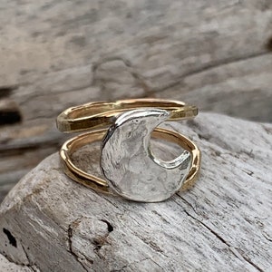 Silver Hammered Moon Ring with Double 14K Gold Fill Bands