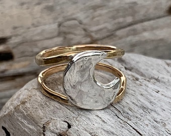 Silver Hammered Moon Ring with Double 14K Gold Fill Bands