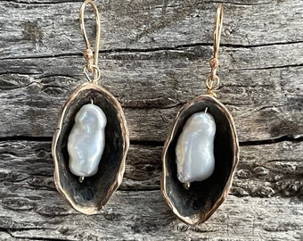 Bronze and 14k Gold Fill Pearl in Pod Earrings