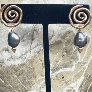 Cast Organic Bronze Spiral Post Earrings with Black Baroque Pearls